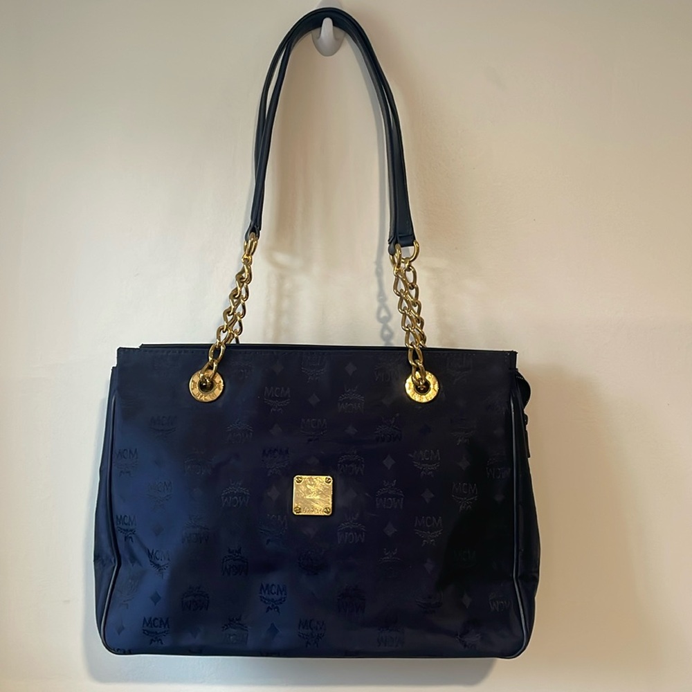 MCM Visetos Pattern Nylon Chain Tote Bag Shoulder Navy x Gold